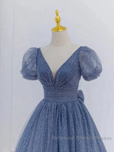 Tulle V Neck Short Sleeve Blue Sparkle Semi Formal Prom Dress With Bow